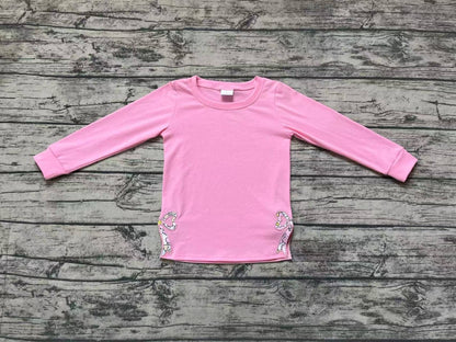 Girls Pink Long Sleeve Bows Side Embroidery Tee