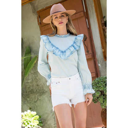 Long Sleeve Ruffle Denim Top