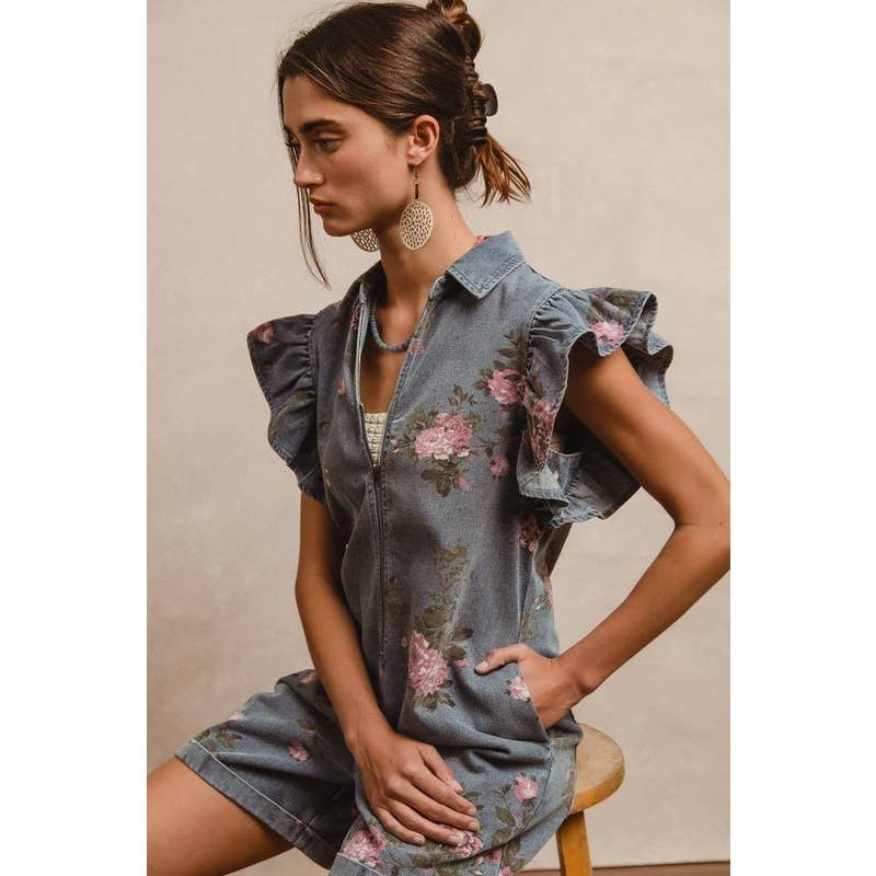 FLORAL PRINT DENIM FLUTTER SLEEVES ROMPER
