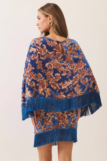 TCEC Ornate Floral Print Fringe Trim Poncho