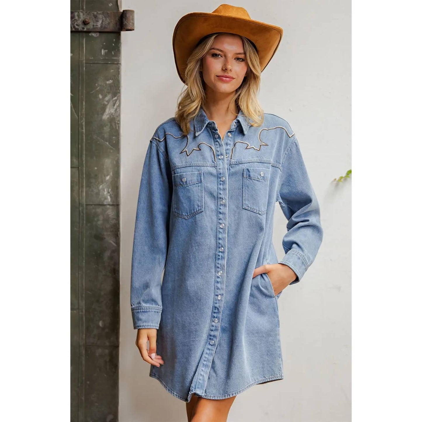 Mineral Washed Embroidered Yoke Denim Dress