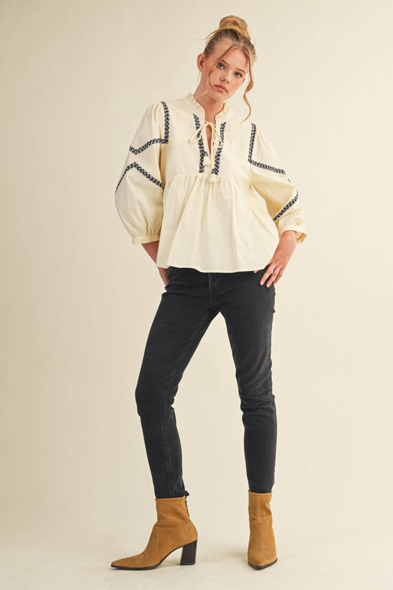 Embroidery Trim Babydoll Blouse