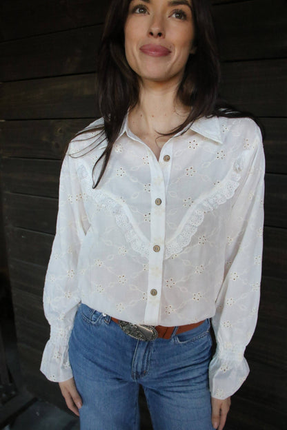 Turquoise Haven Ivory Ruffle Western Blouse