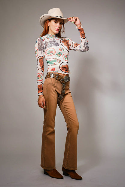 Western Motif Mesh Mock Neck Top