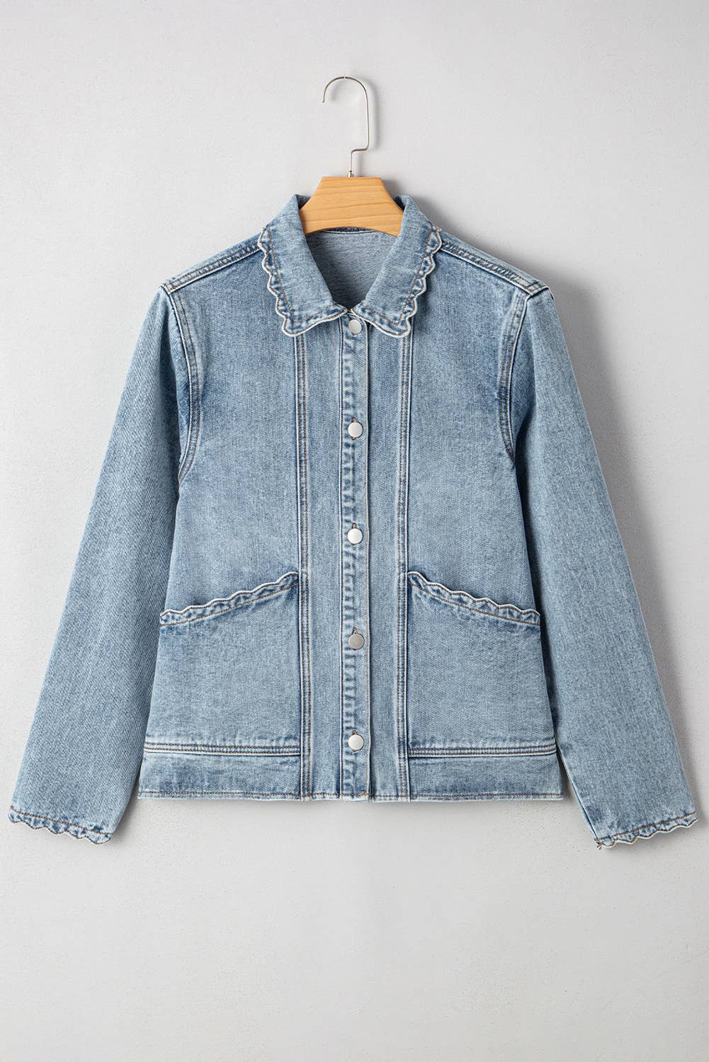 Scallop Collar Pocket Button Up Denim Jacket
