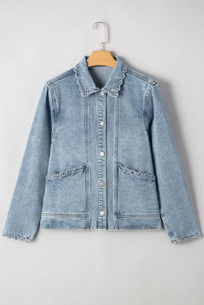 Scallop Collar Pocket Button Up Denim Jacket