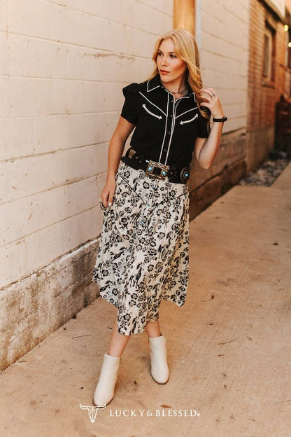 Floral Horse Printed Button Down Yoke Skirt