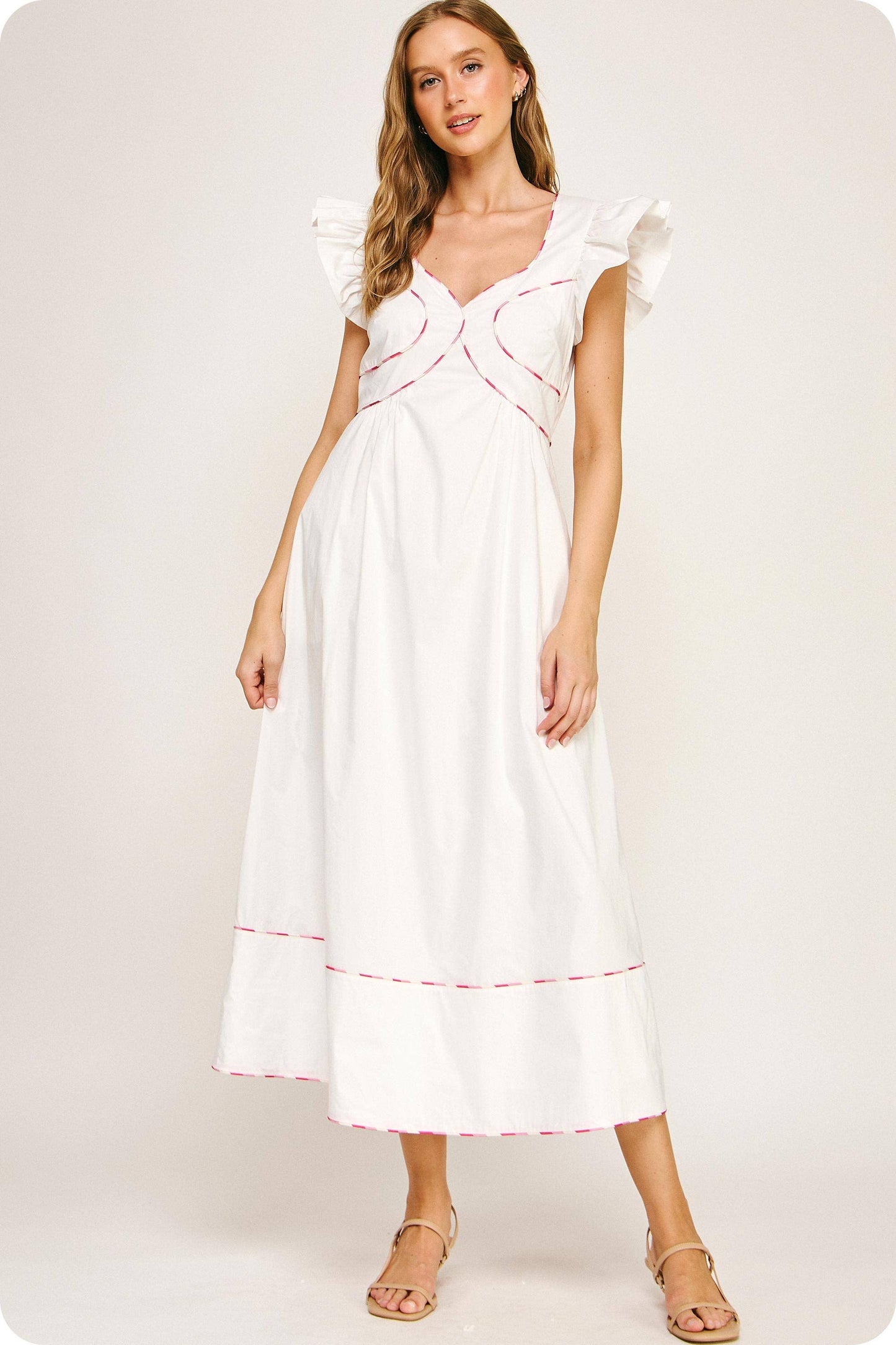 Contrast Multi Color Piping Midi Dress