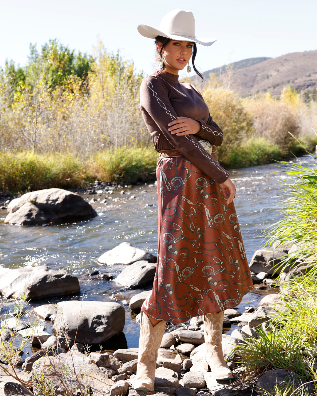 Cruel Denim Western Print Midi Skirt