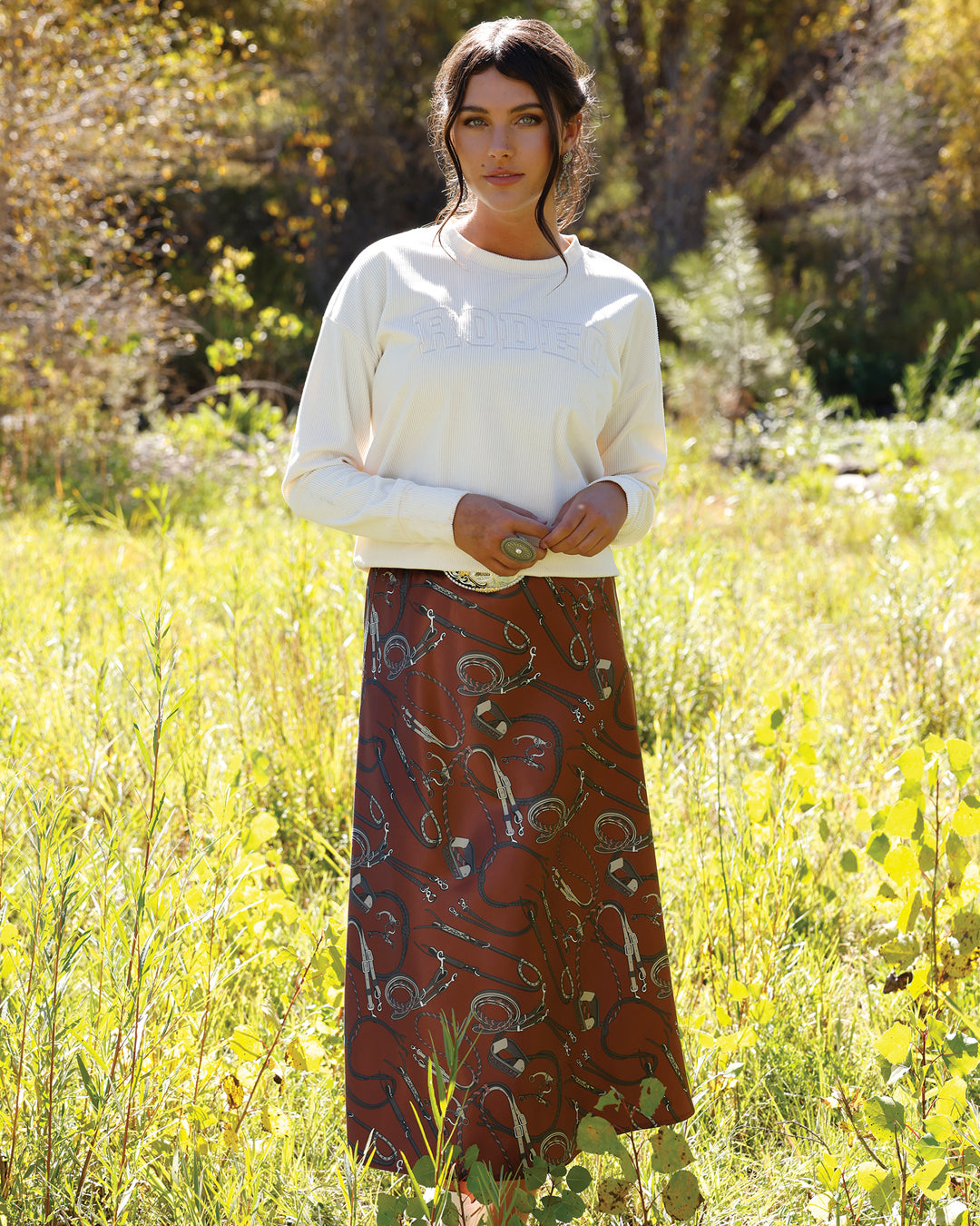 Cruel Denim Western Print Midi Skirt