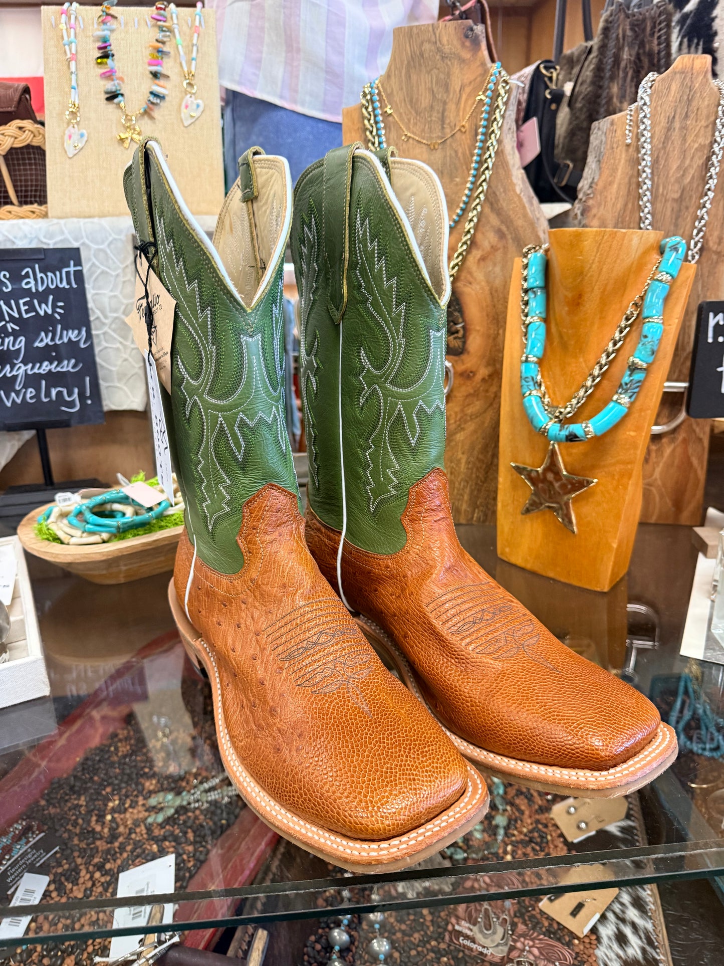 Fenoglio Cognac Belly Ostrich Olive Green Boots