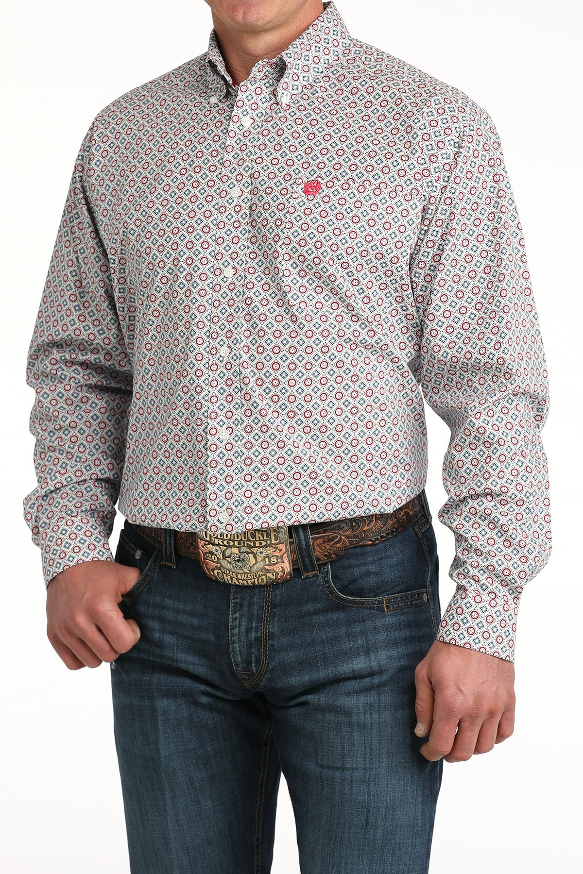 Cinch White Geometric Print Shirt