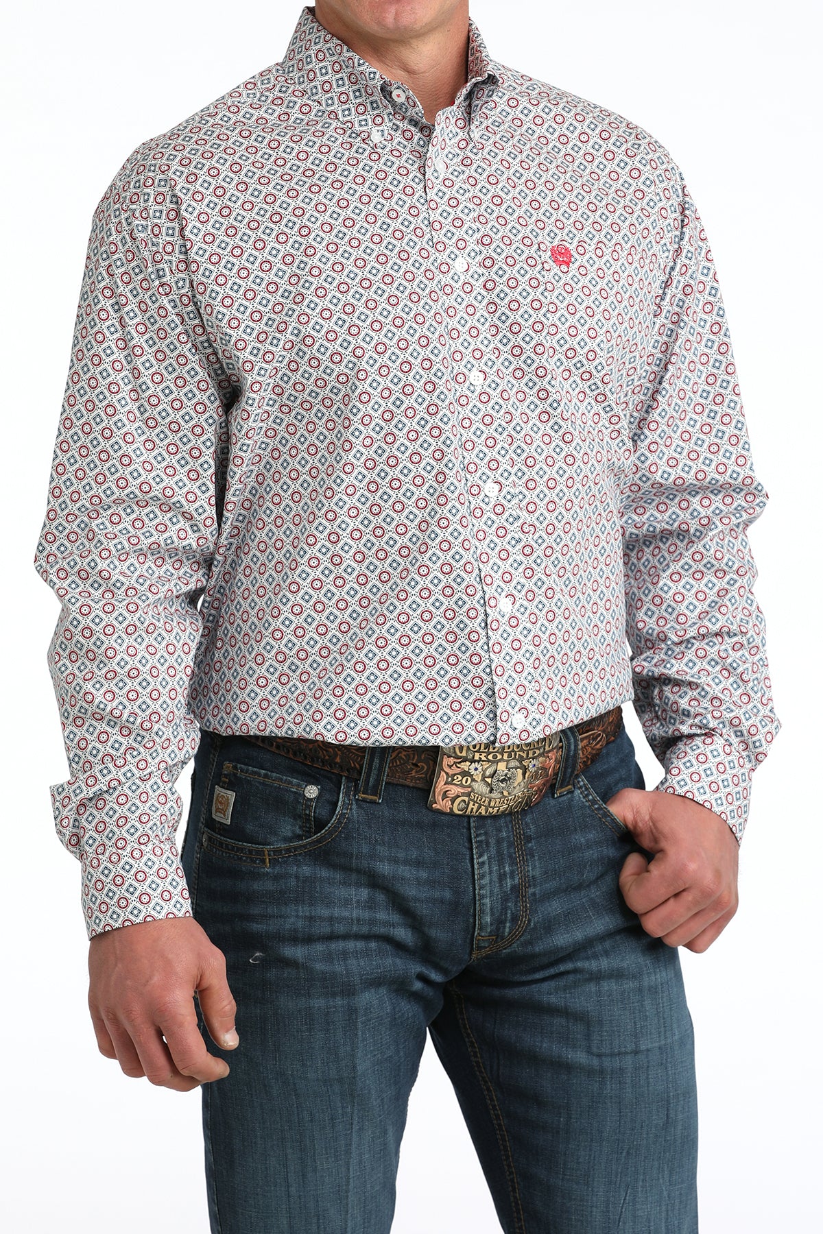 Cinch White Geometric Print Shirt