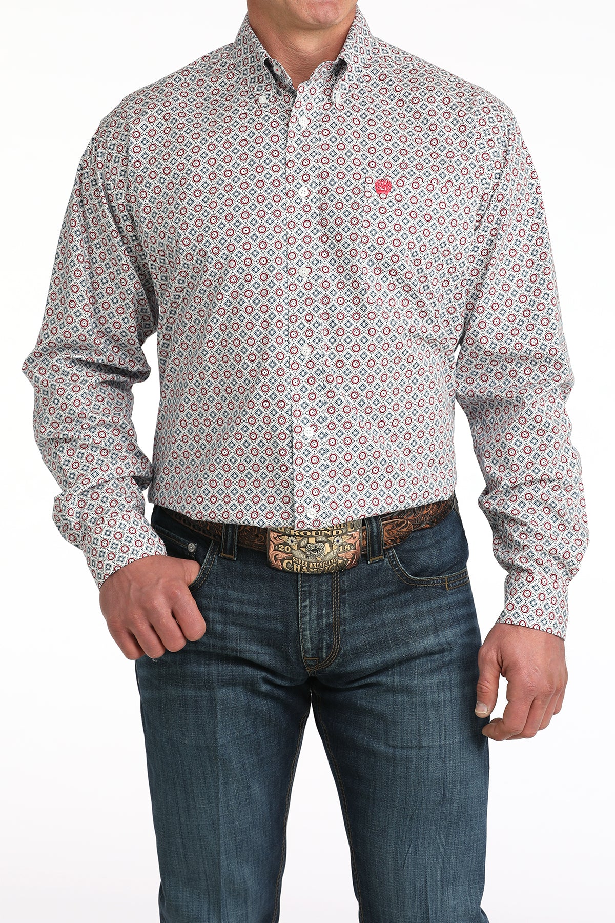 Cinch White Geometric Print Shirt