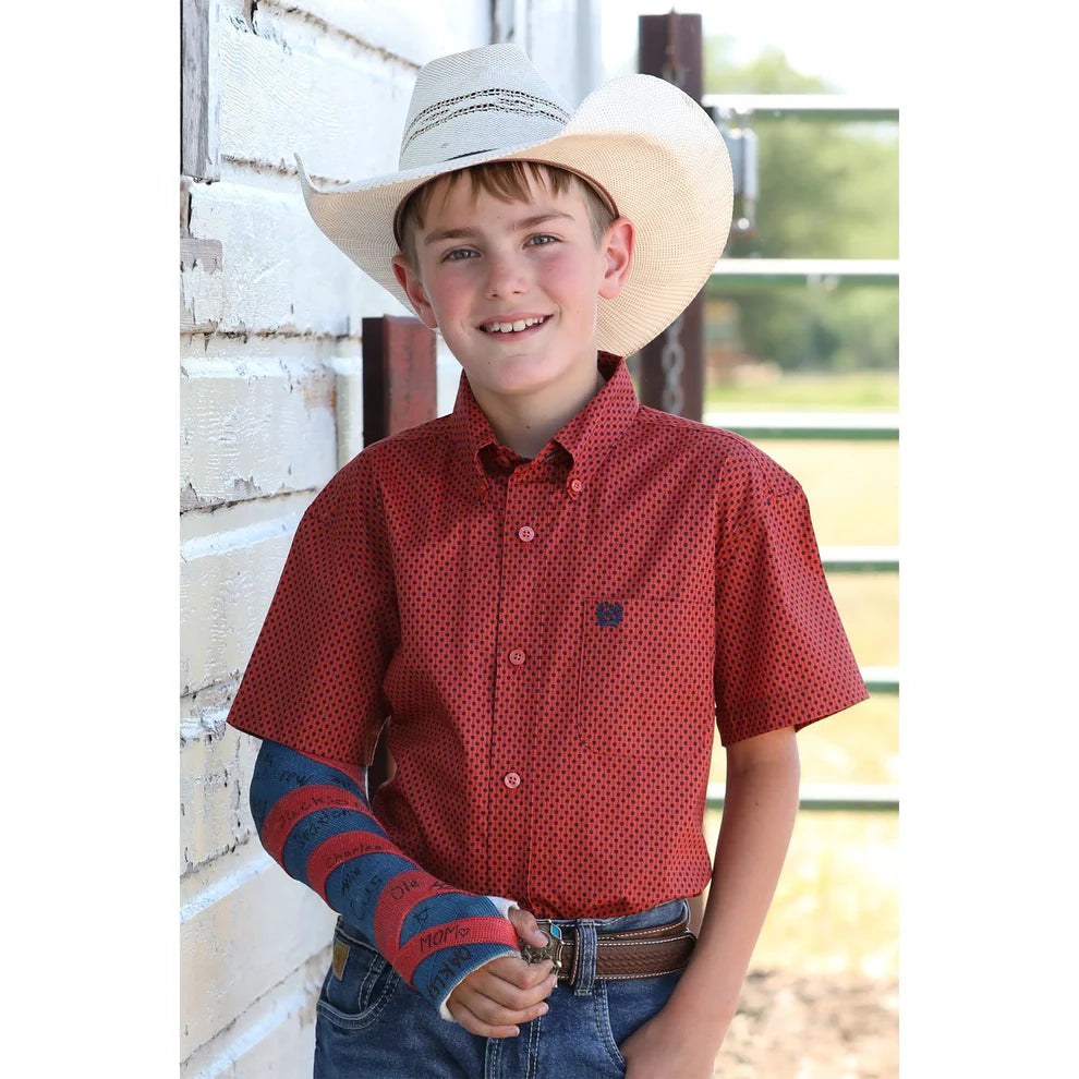 Cinch Boy's Short Sleeve Diamond Print Button-Down Red Western Shirt