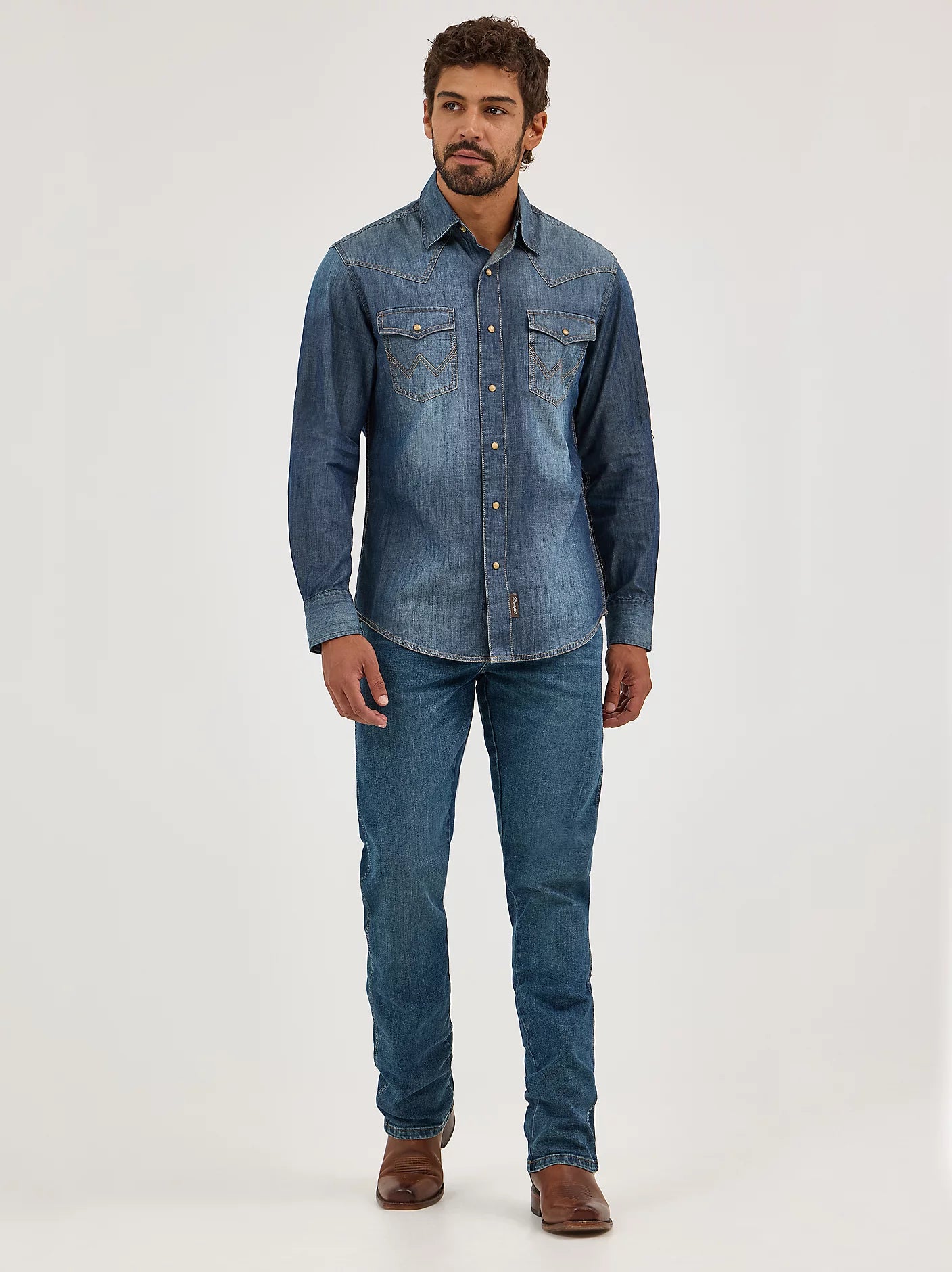 Wrangler 10MVR458D Retro Premium Long Sleeve Denim Western Snap Shirt