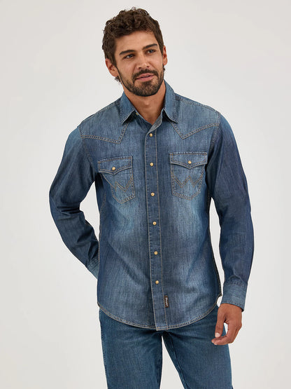 Wrangler 10MVR458D Retro Premium Long Sleeve Denim Western Snap Shirt