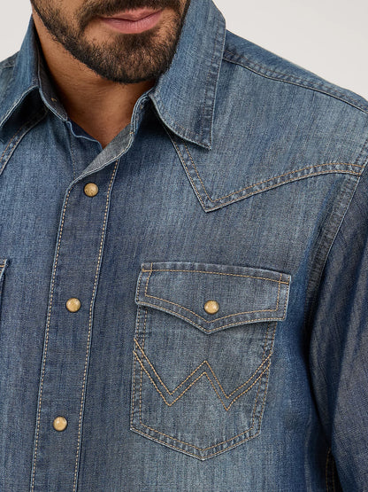 Wrangler 10MVR458D Retro Premium Long Sleeve Denim Western Snap Shirt
