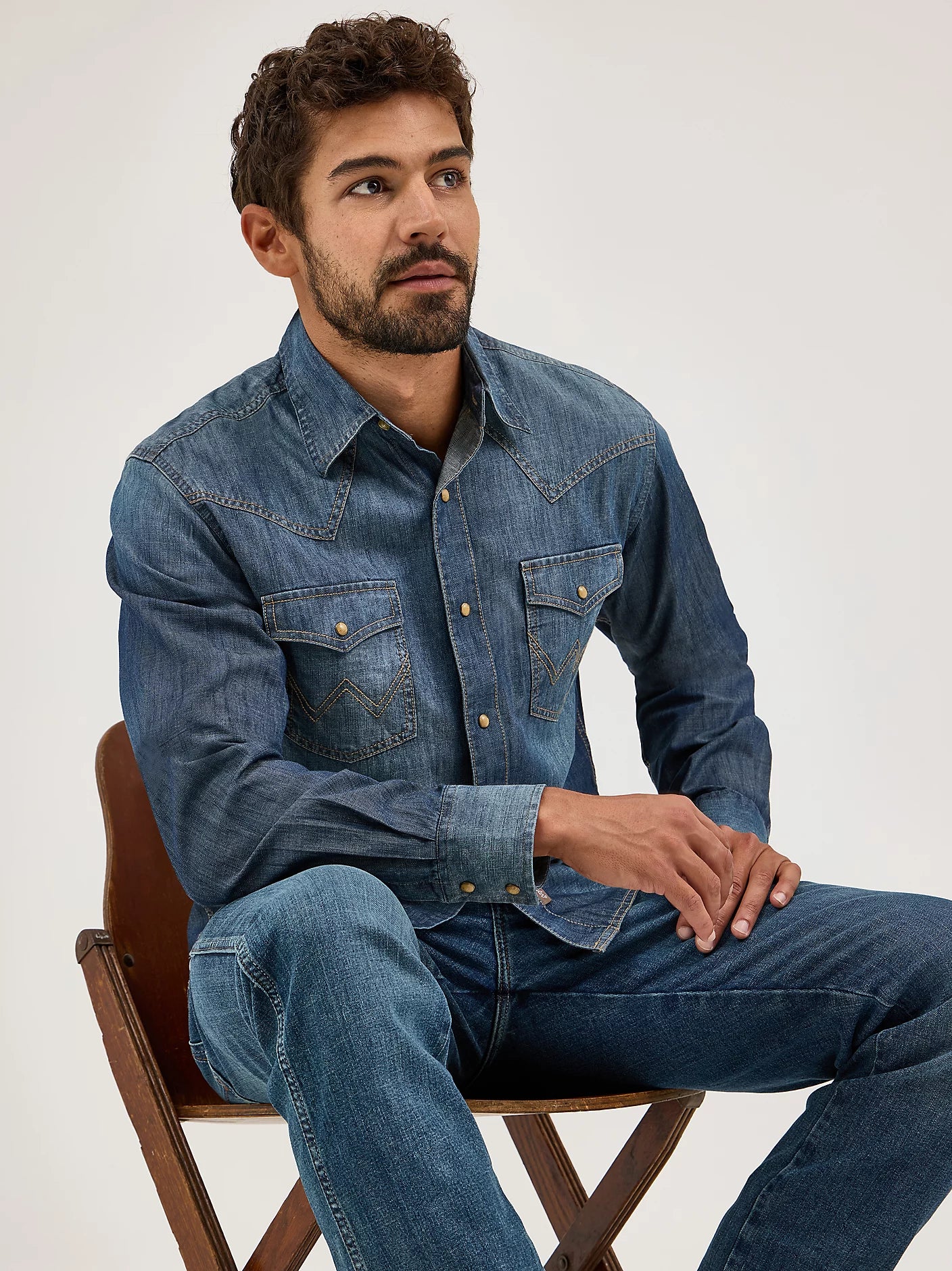 Wrangler 10MVR458D Retro Premium Long Sleeve Denim Western Snap Shirt