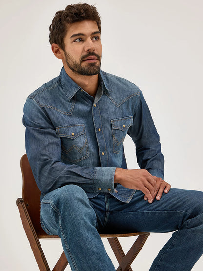 Wrangler 10MVR458D Retro Premium Long Sleeve Denim Western Snap Shirt