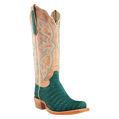 R. Watson Nubuck Turquoise Caiman Belly Boots