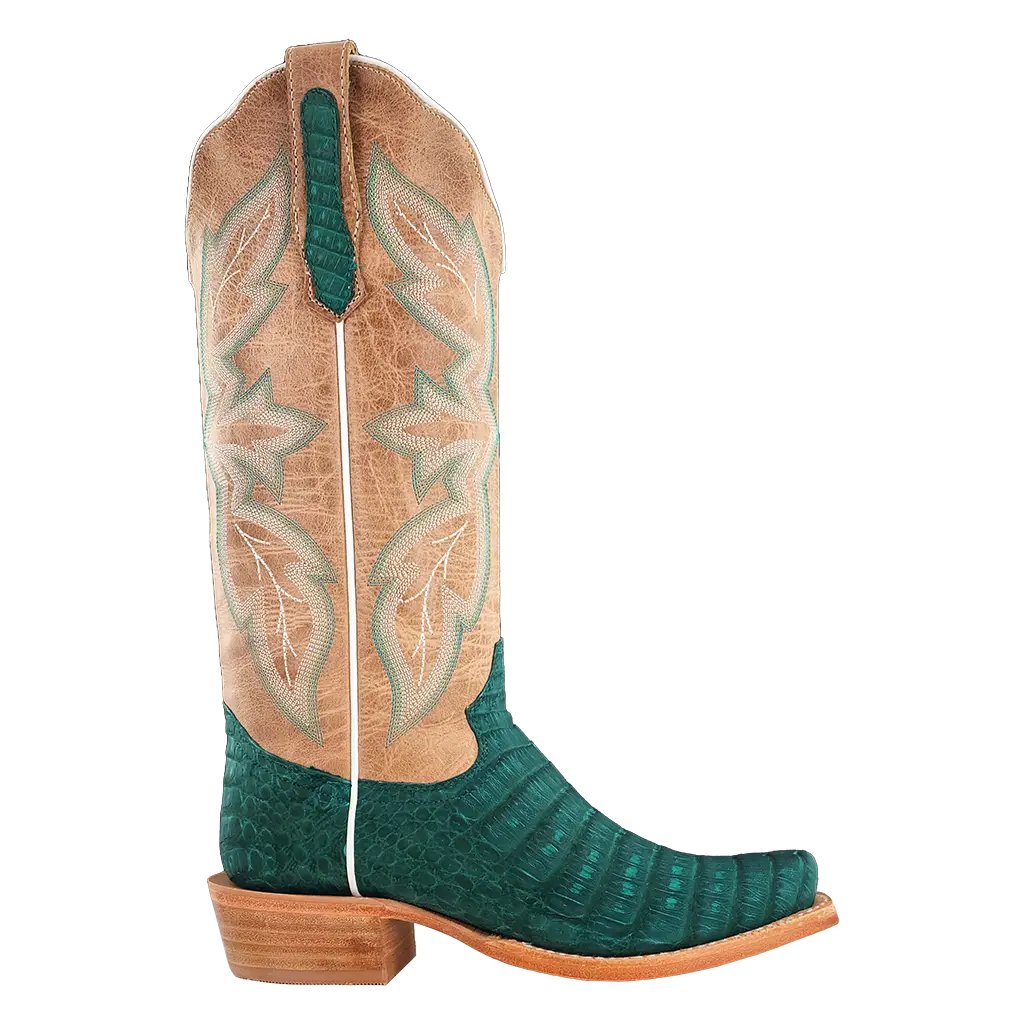 R. Watson Nubuck Turquoise Caiman Belly Boots