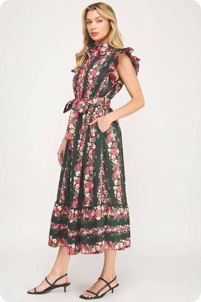 Ruffle Scallop Embroidery Floral Midi Dress