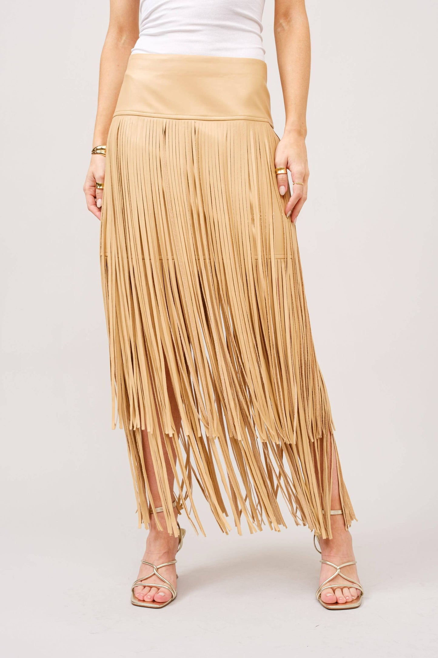 Faux Leather Tiered Fringe Maxi Skirt
