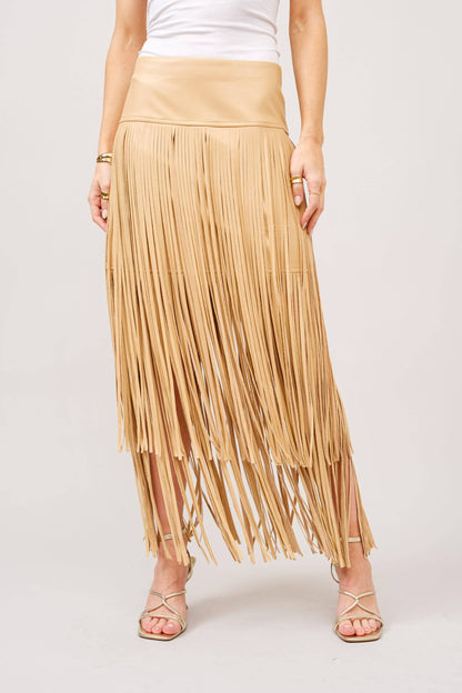 Faux Leather Tiered Fringe Maxi Skirt