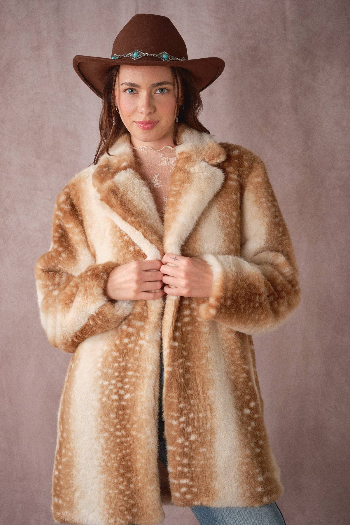 Blue B Deer Print Faux Fur Coat