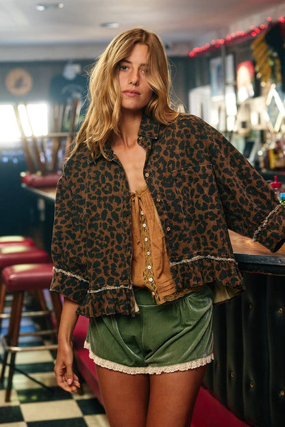 Leopard Print Ruffle Hemline Shirt Top