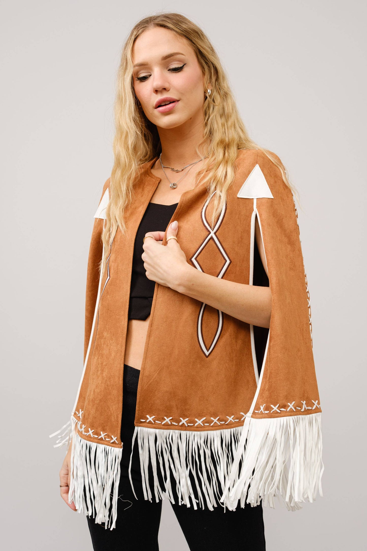 Fringe Detail Open Cape Jacket