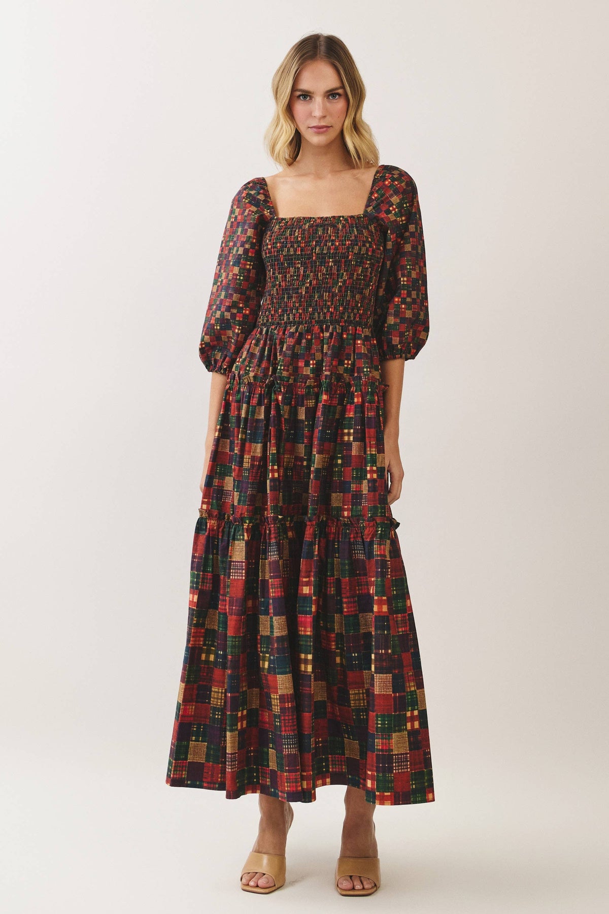 TCEC Plaid Smocked Tiered Maxi Dress