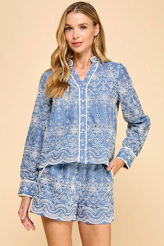 Embroidered Eyelet Button Down Shirt