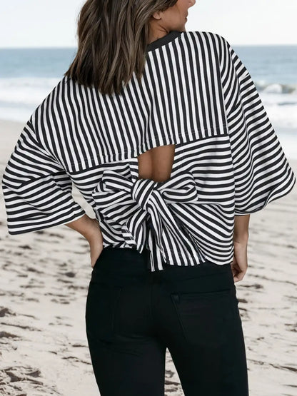Striped Tied Bow Back Drop Shoulder Tee