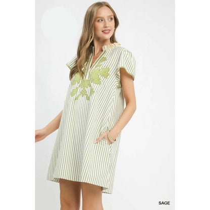 Striped Floral Applique Shift Dress