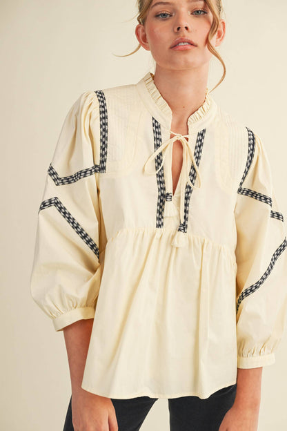 Embroidery Trim Babydoll Blouse