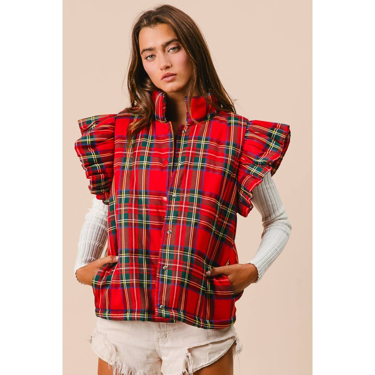 CHRISTMAS PLAID RUFFLE VEST