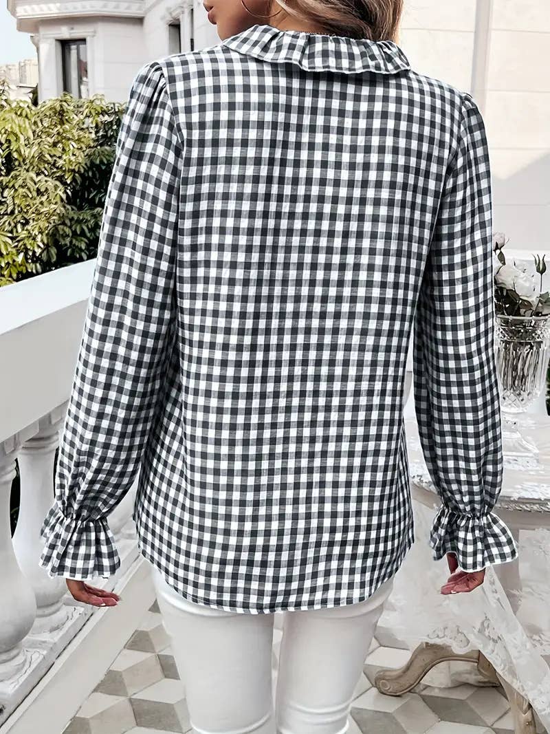 Ruffled Shirt Long-sleeve Plaid Blouse