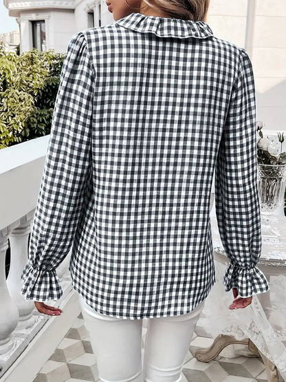Ruffled Shirt Long-sleeve Plaid Blouse