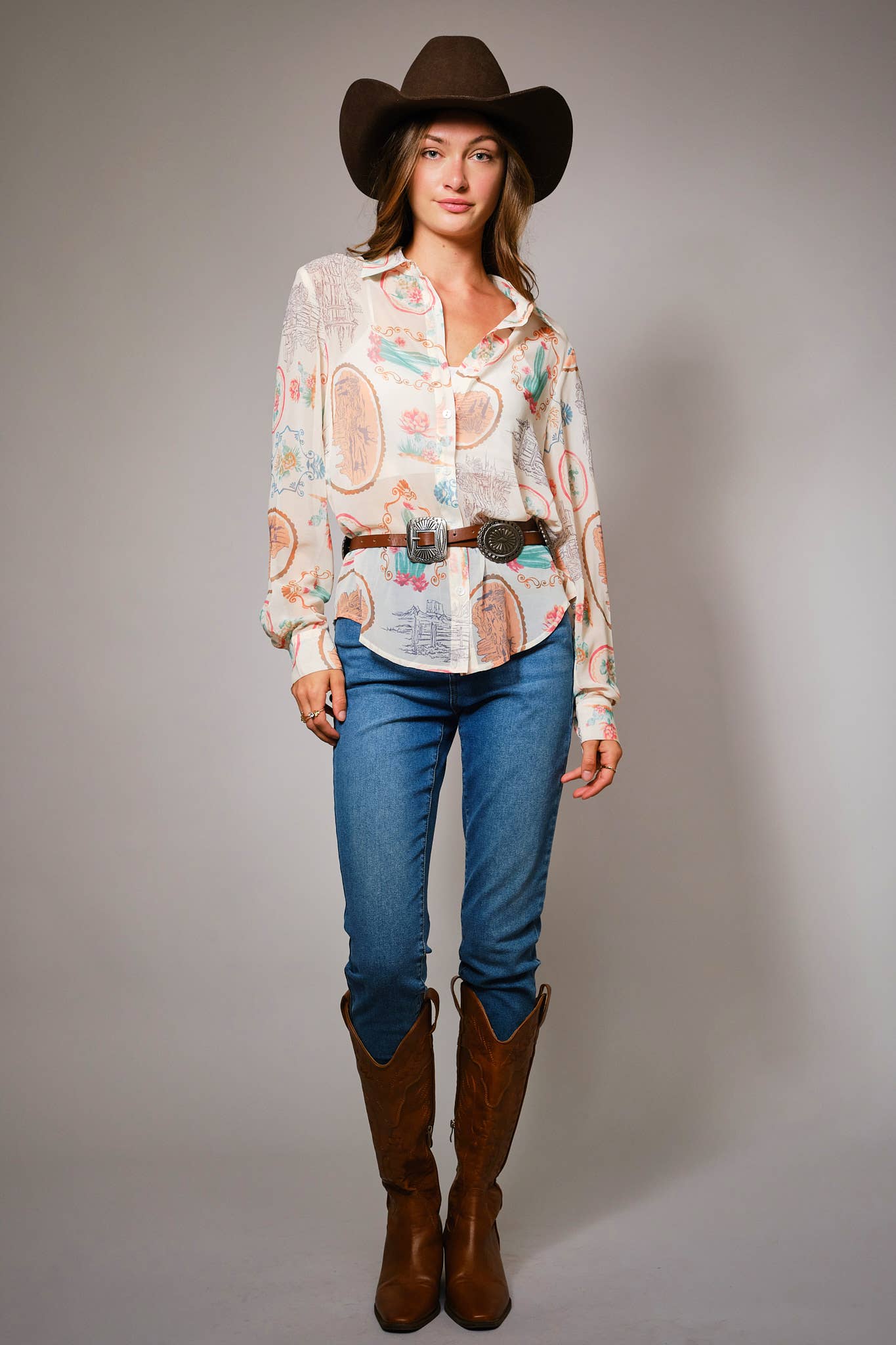 Western Print Chiffon Shirt