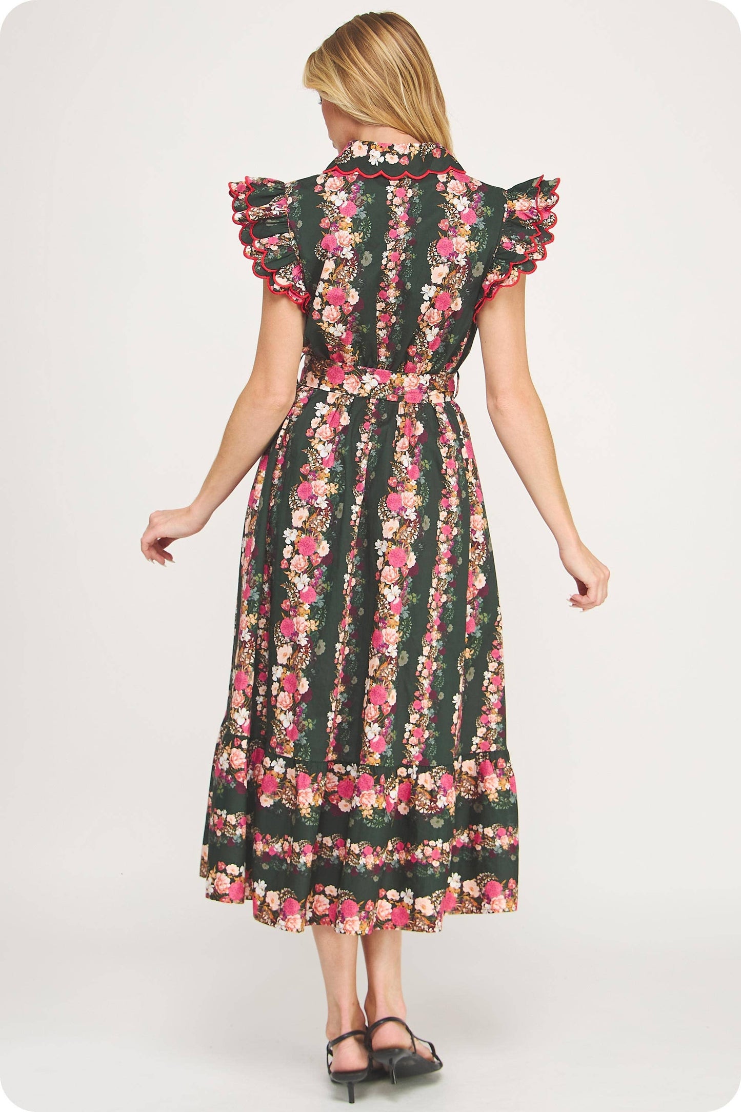 Ruffle Scallop Embroidery Floral Midi Dress