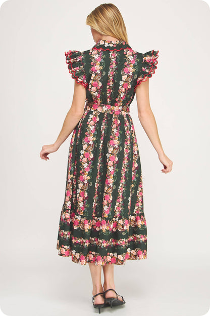 Ruffle Scallop Embroidery Floral Midi Dress