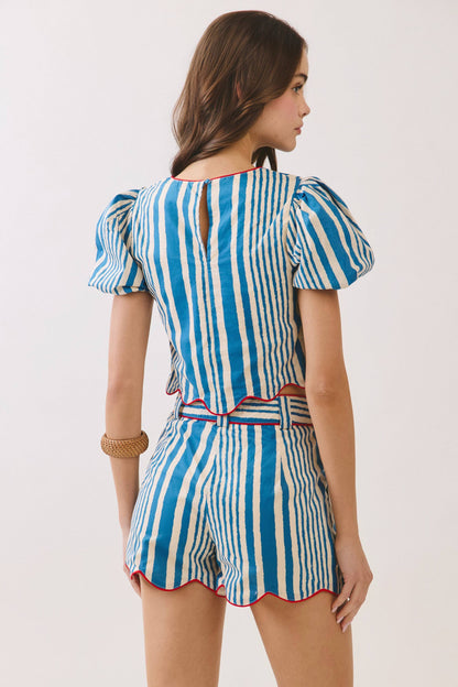 Stripe Scalloped Puff Sleeve Crop Top and Piping Detail Scalloped Shorts Set