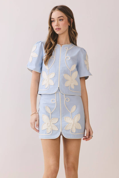 Floral Appliqué Short Puff Sleeve Structured Top & Front Slit Mini Skirt Set