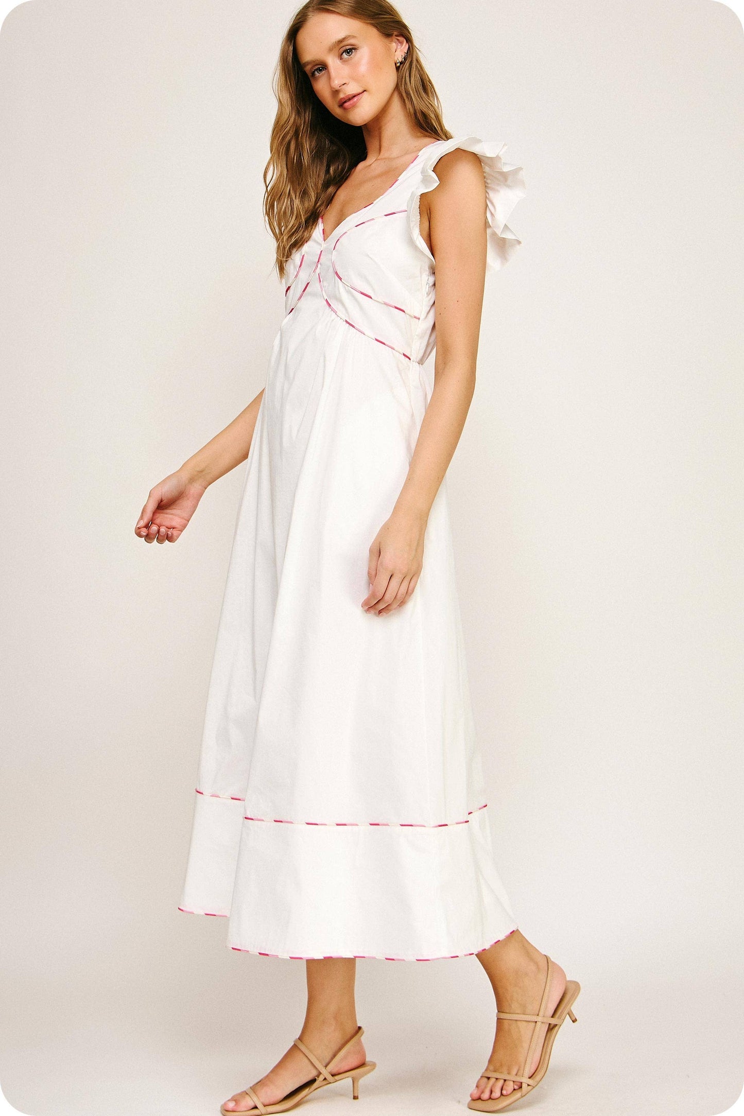 Contrast Multi Color Piping Midi Dress