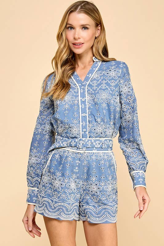 Embroidered Eyelet Button Down Shirt