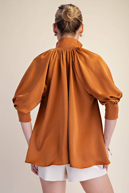 Mock Neck Half Zip Puff Sleeve Blouse