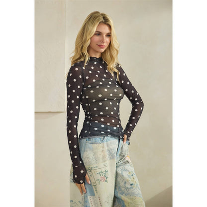 Lace Long Sleeve See Through Polka Dot Top