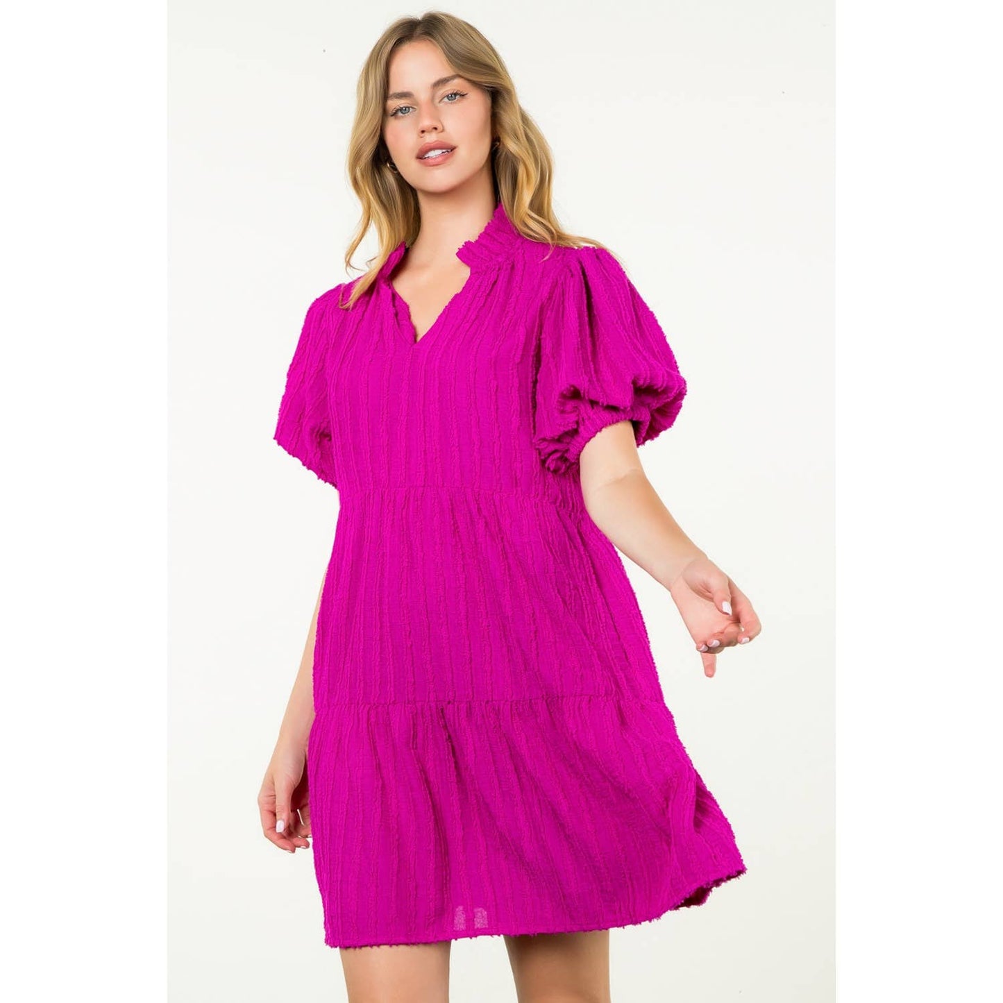 Tiered Puff Sleeve Textured Dress